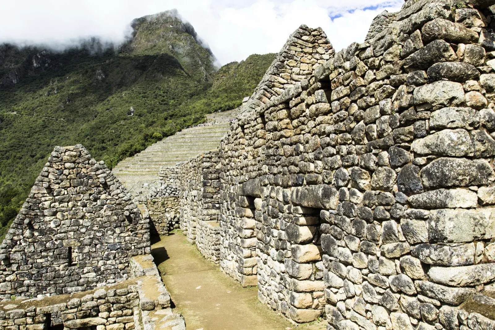 Stone walls and walkways inside the Machu Picchu citadel under morning sun